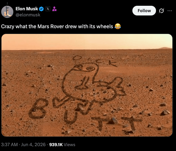 Elon Musk's post showing a Dickbutt drawing on the surface of Mars